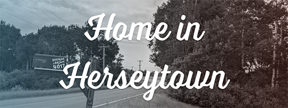 Home In Herseytown text over a vintage looking photo of a mailbox on a country road.