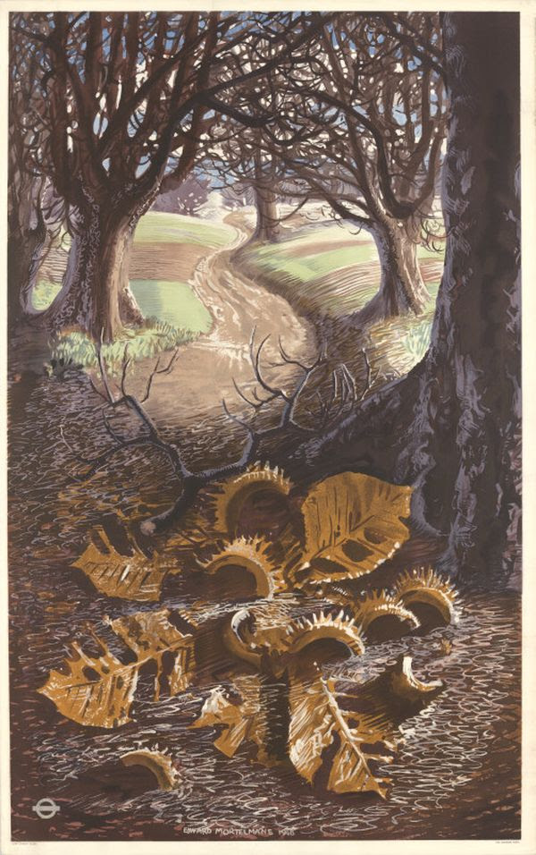 Poster artwork showing conker husks and leaves on the ground underneath a path lined with leafless trees