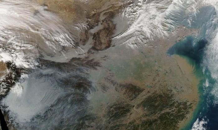 Satellite view of northern China covered by pollution haze on 23 January 2014