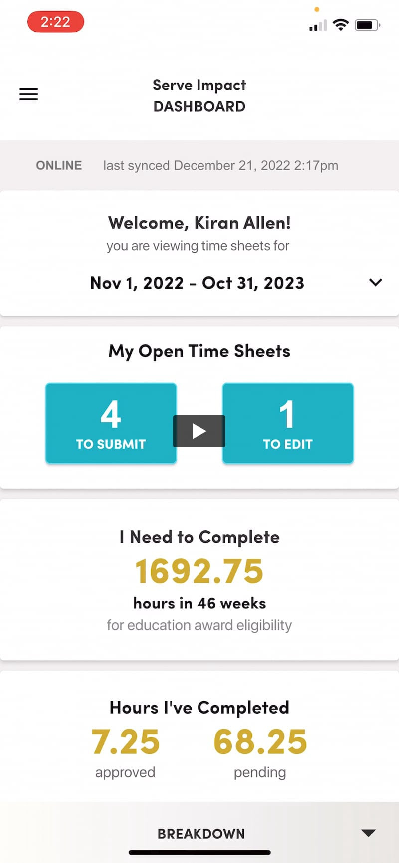 America Learns Impact Suite Time Sheet App Preview: 12.21.22