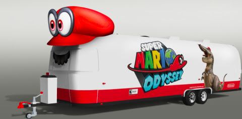 Mario will travel in style in a custom trailer featuring Super Mario Odyssey artwork, including a gi ... 