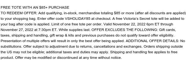 11.23-11.27 8pm Free BF VSL Weekender Tote w/ an $85+ Purchase