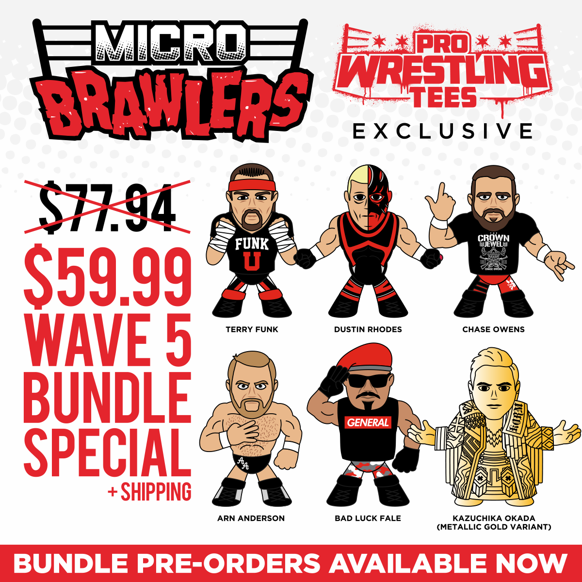 OKADA, TERRY FUNK & MORE MICRO BRAWLERS AVAILABLE FROM PROWRESTLINGTEES.COM