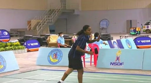 Aditya Yadav while playing in the badminton court
