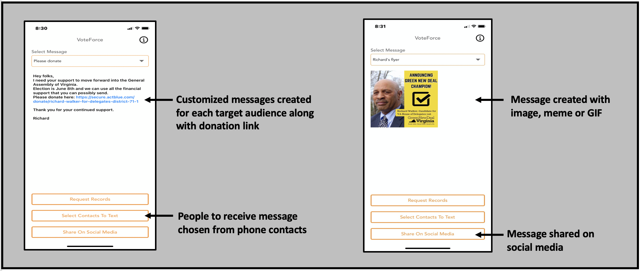 VoteForce creates customized texts that can include both texts, images, GIFs and memes.