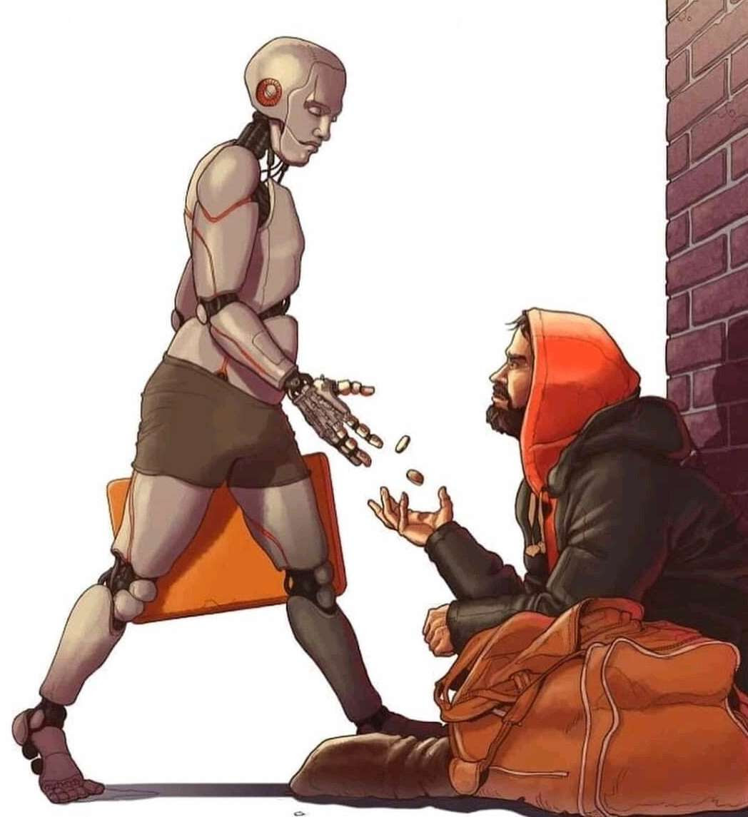 Cartoon depicting a robot handing spare change to a human beggar.