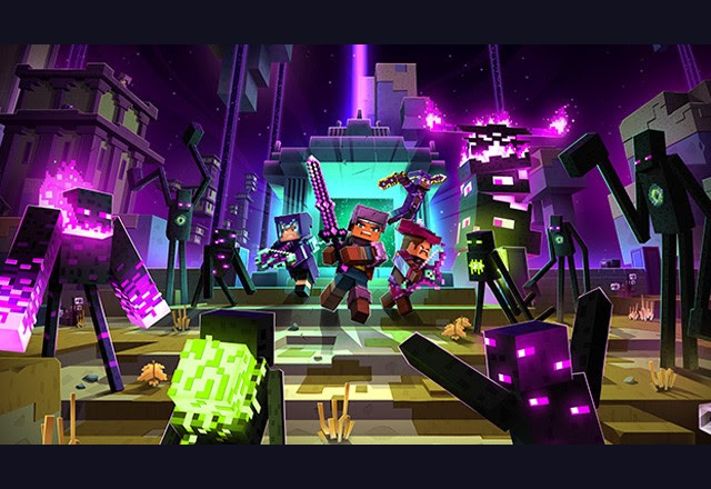 Key art for Minecraft Dungeons Echoing Void DLC featuring various Enderman-like mobs encroaching on a Minecraft Dungeons party in The End biome.