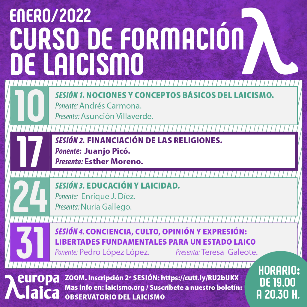 Hoy lunes 17 continúa el Curso Básico de Laicismo con la ponencia a cargo de Juanjo Picó sobre la financiación de las religiones