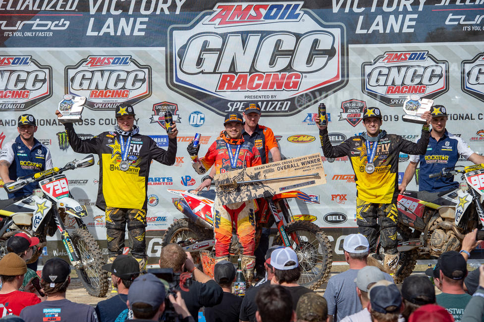 Kailub Russell (center), Trevor Bollinger (left) and Thad Duvall (right) stood atop The Specialized General GNCC overall podium.