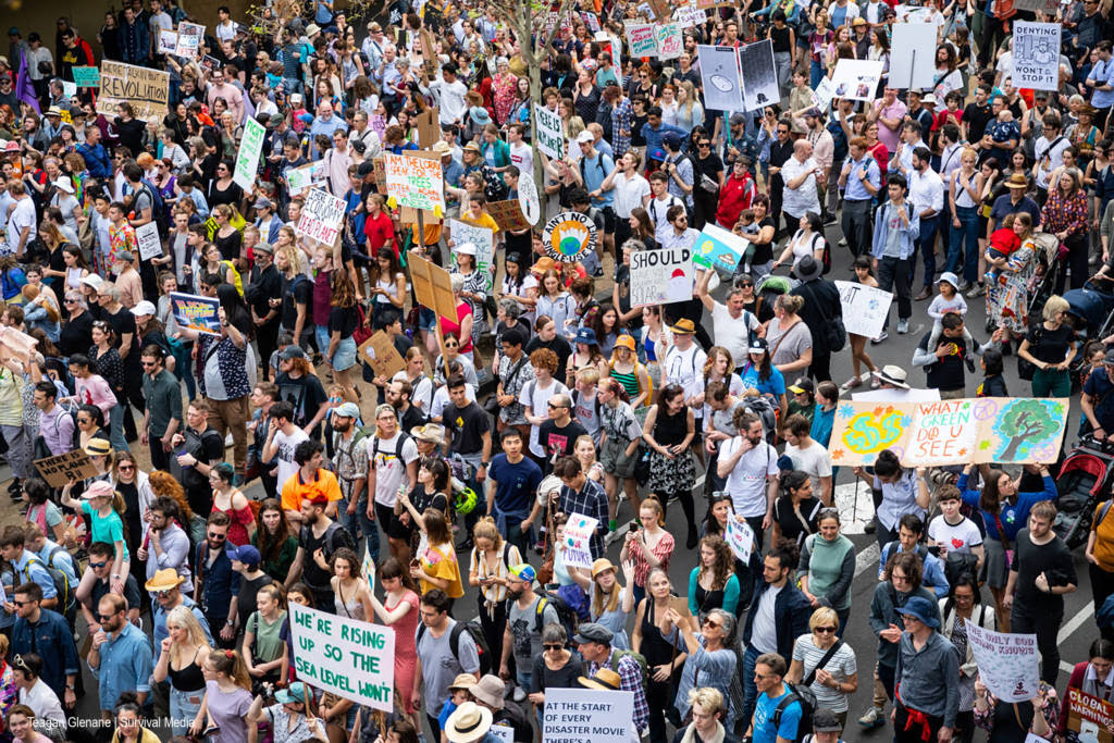 A wide-angle shot of hundreds of thousands at the climate strike in Melbourne, Australia