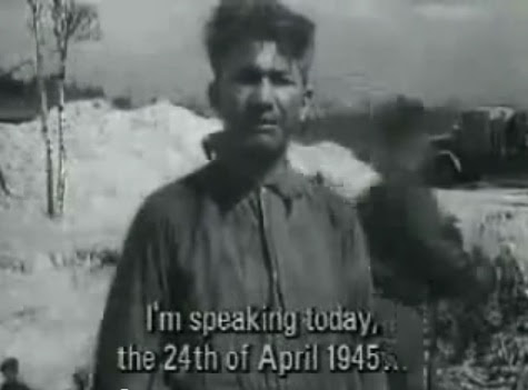 Here a person is speaking presenting                             himself as a medical doctor Mister Fed                             Little (Fritz Klein), and he says that this                             day would be April 24, 1945 standing before                             the mass grave (15min. 54sec.)