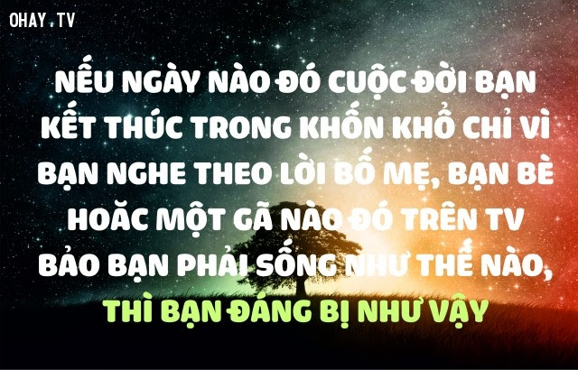 Nếu ngày nào đó cuộc đời bạn kết thúc trong khốn khổ vì bạn nghe theo lời bố mẹ, bạn bè hoặc một gã nào đó trên TV bảo bạn phải sống như thế nào, thì bạn đáng bị như vậy,suy ngẫm,câu nói hay,triết lý cuộc sống