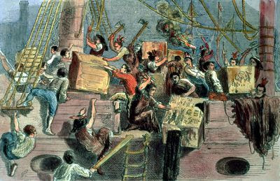 Boston Tea Party; the 'Boston Boys' throwing the taxed tea into the Charles River, 1773 (hand coloured print)
