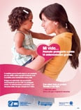Spanish-language poster with mom holding child