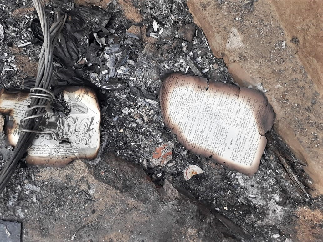  Burnt pages of Bible at church building gutted by fire in Tamil Nadu, India. (Morning Star News)