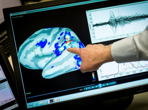 Laboratory scientist Mihai Popescu points out areas of magnetic activity in a brain on a display at the National Intrepid Center of Excellence at Walter Reed National Military Medical Center in Bethesda, Maryland, photo by U.S. Army