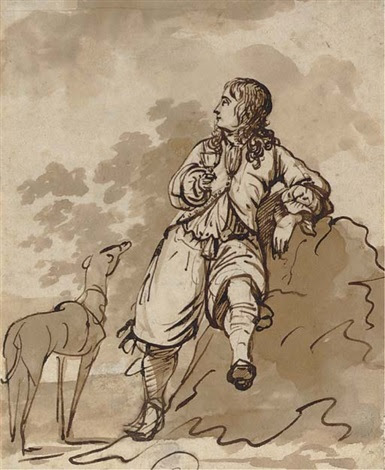 A boy leaning on a rock, holding a wine glass in his hand, a greyhound to the left by Jacob Esselens on artnet