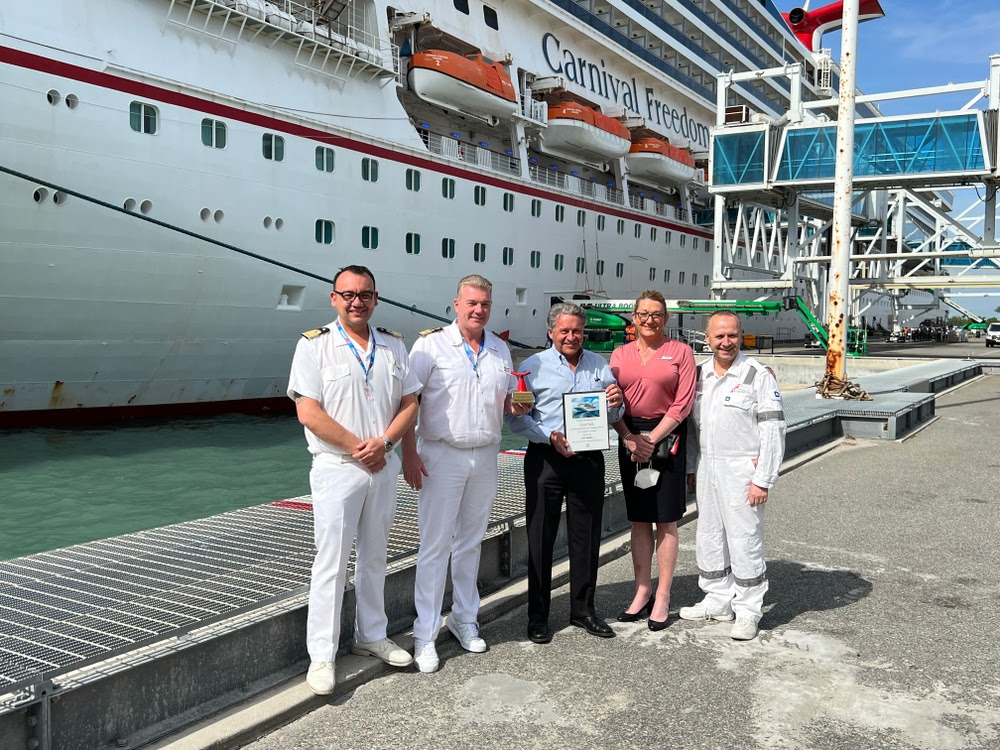 (L-R) Rene Jewell, Carnival Freedom Hotel Director, Carnival Freedom Capt. Josip Mladina, Capt. John Murray, Port Director and Canaveral Port Authority CEO, Rachel Green, Carnival HR Director, Agostino Ceserale, Carnival Freedom Chief Engineer dockside at Cruise Terminal 6
(Photo: Canaveral Port Authority)
