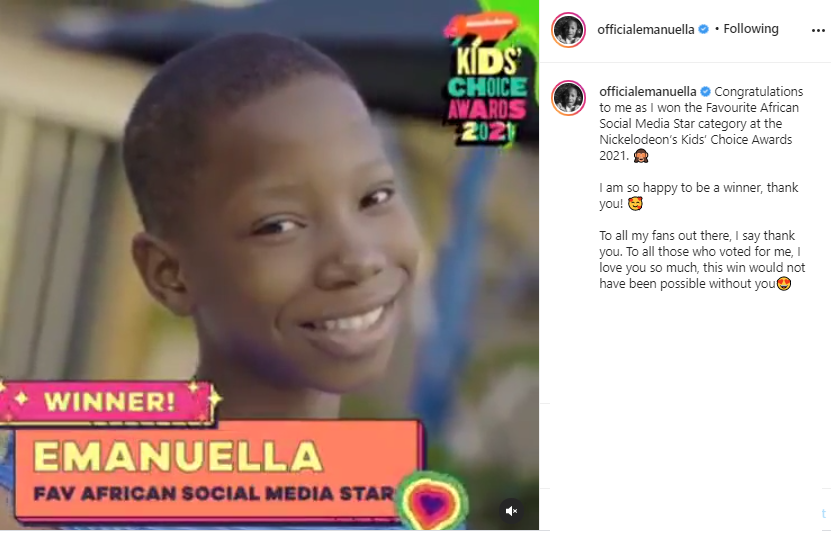 Comedienne Emmanuella celebrates winning "Favourite African Social Media Star" at 2021 Nickelodeon Kids Choice Awards