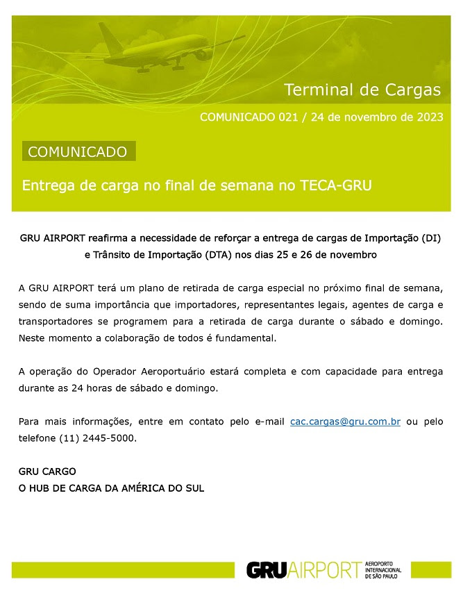 Comunicado - Entrega de Carga aos Finais de Semana