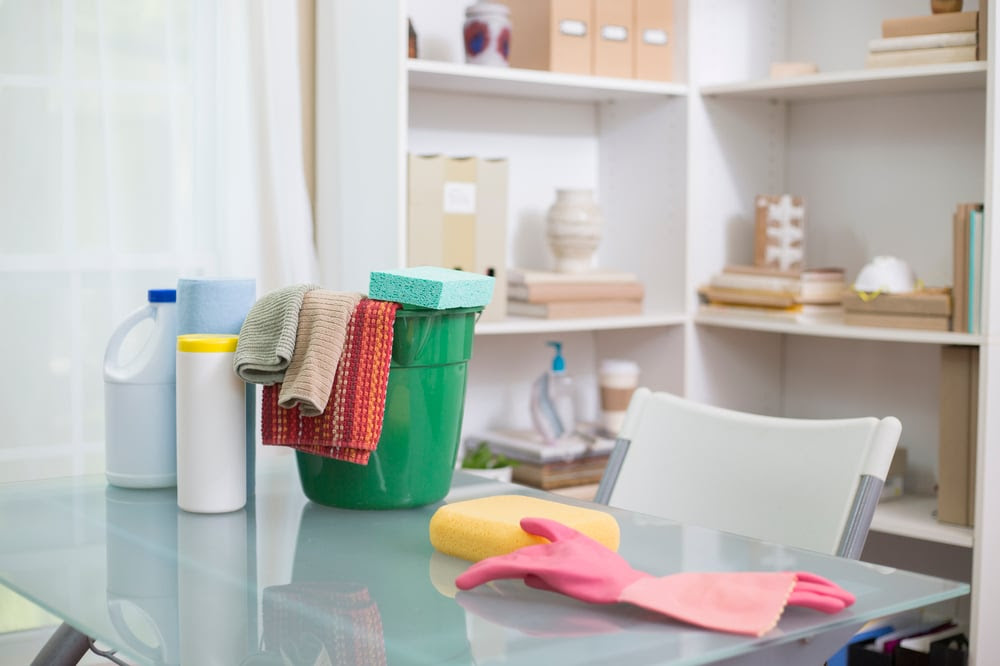 Cleaning supplies on a desk Cleaning supplies on a desk