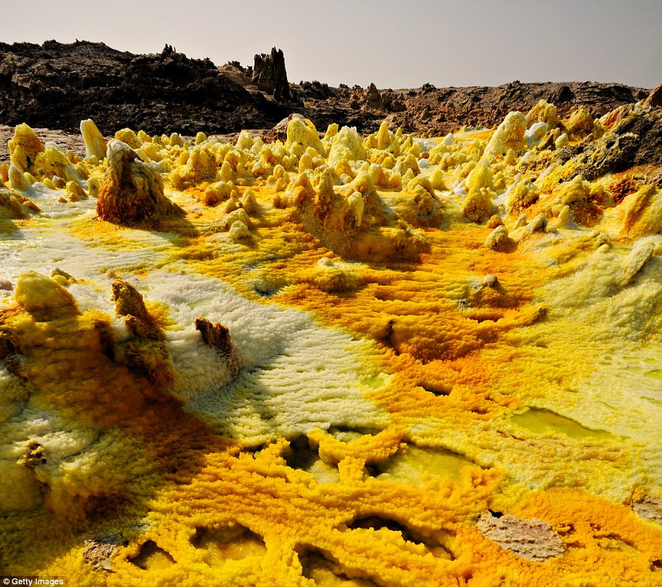 Great Rift Valley, Ethiopia: Dallol volcano in the Great Rift Valley - the world's largest rift system which stretches 6,000km from the Red Sea down to Lake Malawi. Up to 74km in places, it's cradled by a series of cliffs, rising from the valley floor to the top of the highest escarpments, up to 1.6km above 