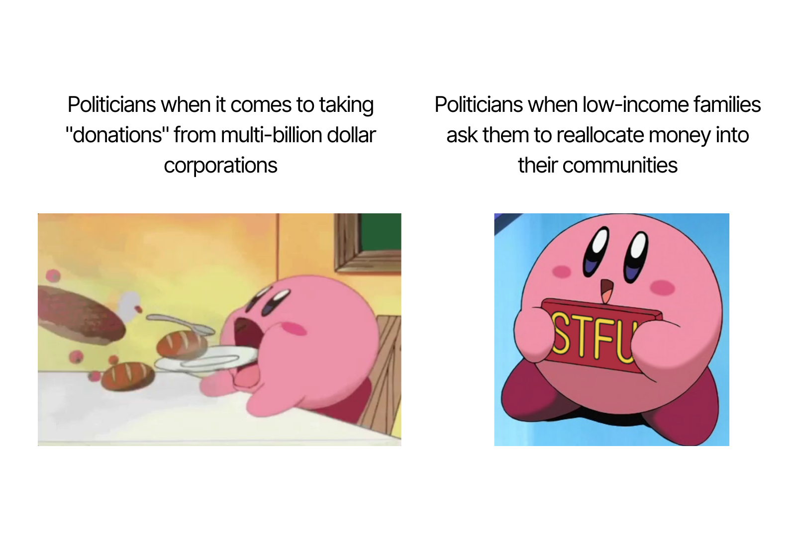 Image of Kirby. The first image is of him eating food with the caption that says "politicians when it comes to taking "donations" from multi-billion dollar corporations"