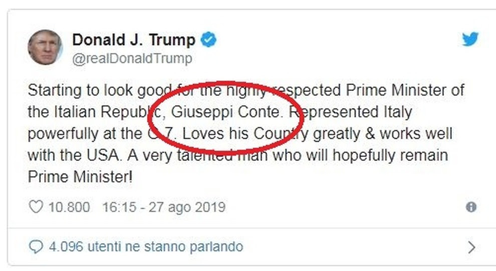 Trump su Twitter con refuso: «Spero che Giuseppi Conte resti premier». E lui: «Orgoglioso»