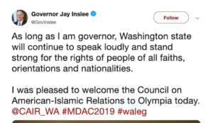 Washington state governor and Presidential hopeful Jay Inslee welcomes Hamas-linked CAIR to state capital