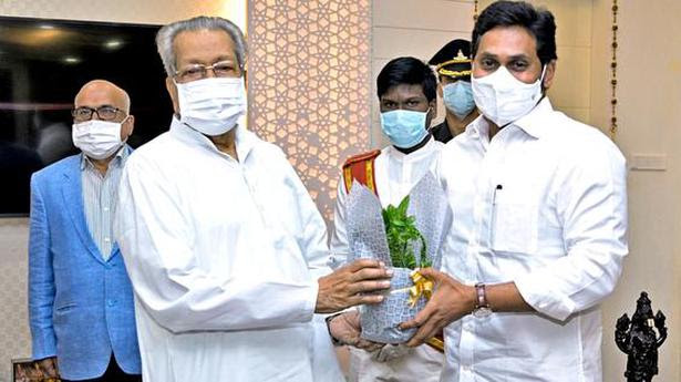 Y.S. Jagan Mohan Reddy with Governor Biswa Bhusan Harichandan at the Raj Bhavan in Vijayawada.