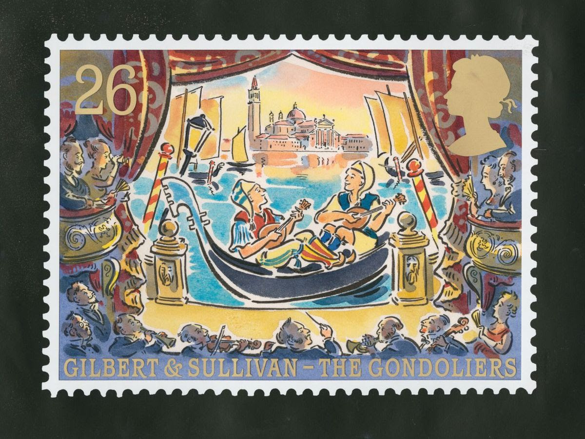 Stamp artwork: Watercolour illustration of theatre set featuring two musical instrument players on a boat with Venice in the distance