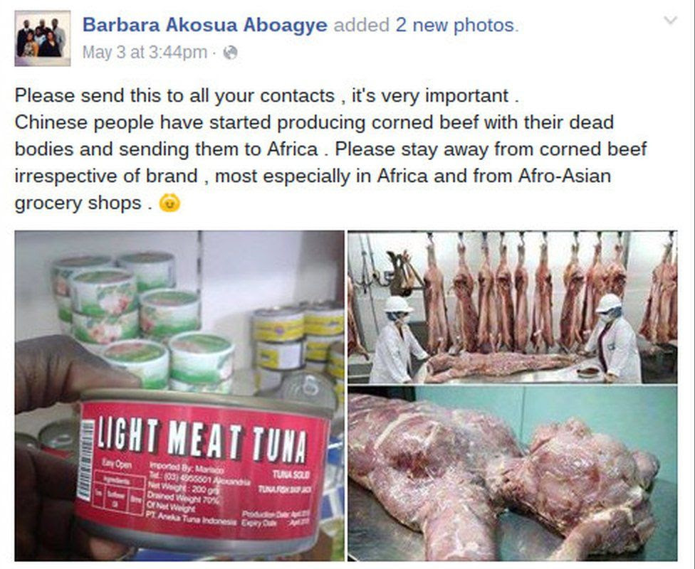 Facebook post on Chinese human flesh being packaged as corned beef and tuna