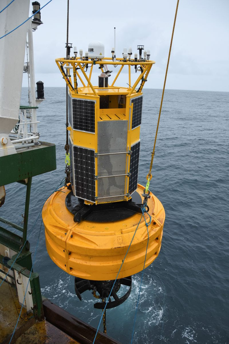 Weather buoy been deployed during the Annual Ocean Climate Survey in 2019. Photo Credit Tomas Szumski, Marine Institute
