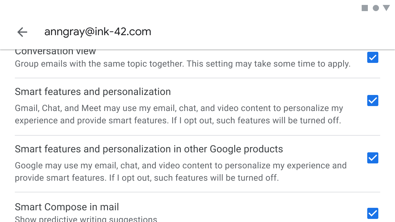 Smart features and personalisation settings in Gmail settings