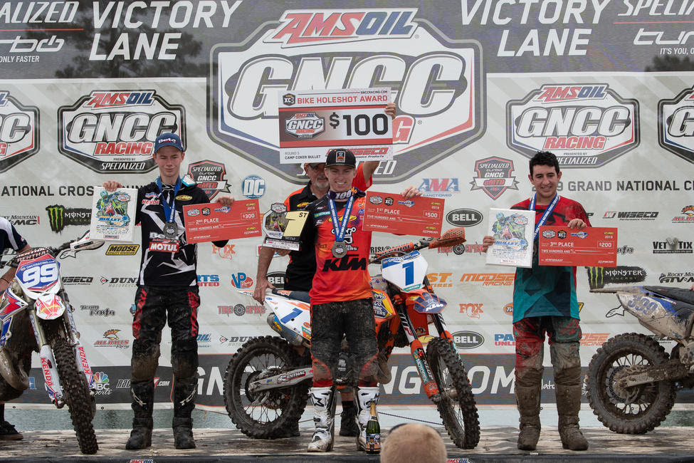 Jesse Ansley (center), Cody Barnes (left) and Anthony Federico (right) earned the top three spots in the FMF XC3 125 Pro-Am class.