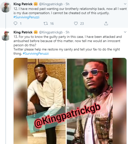 "See my reward for helping Peruzzi" Record producer who claims to have helped Peruzzi before he got recognized, accuses him of betrayal