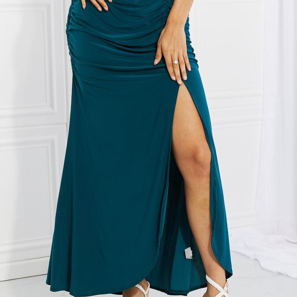 White Birch Full Size Up and Up Ruched Slit Maxi Skirt in Teal