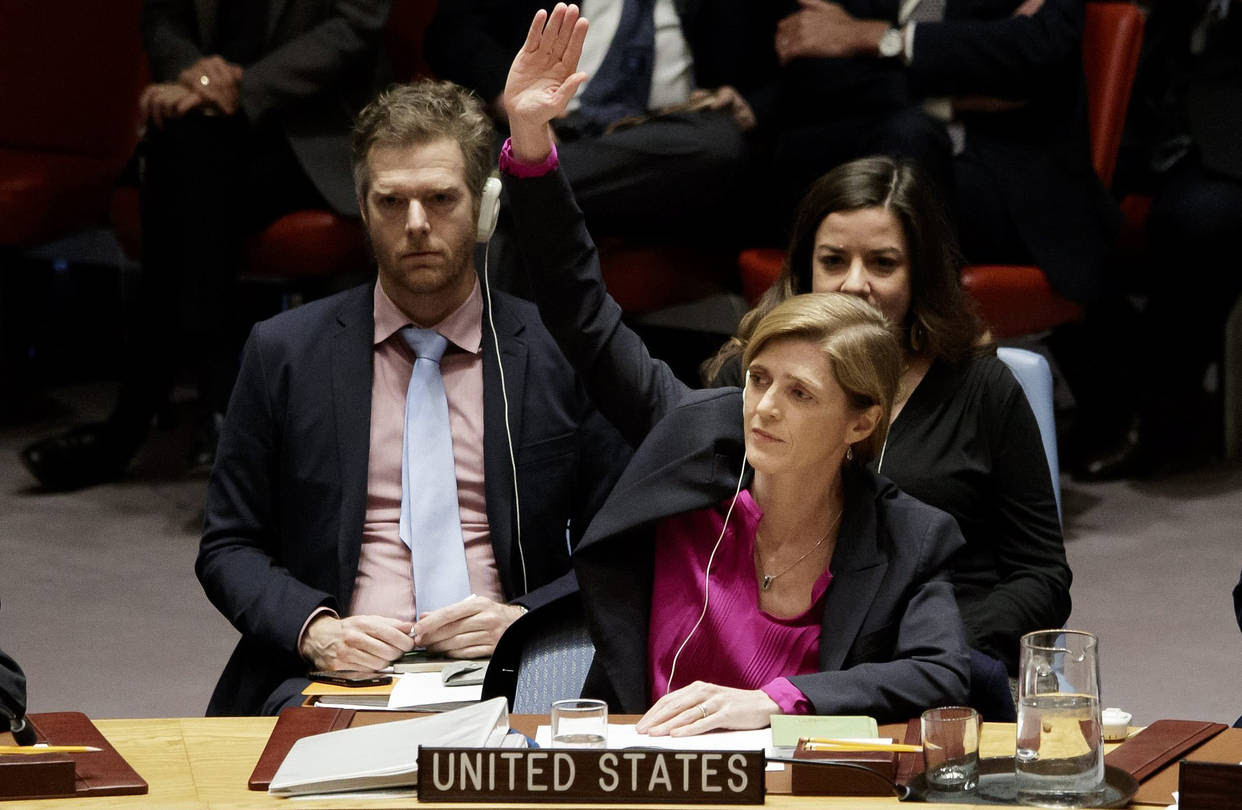 U.S. Ambassador to the United Nations Samantha Power abstaining, Dec. 23.