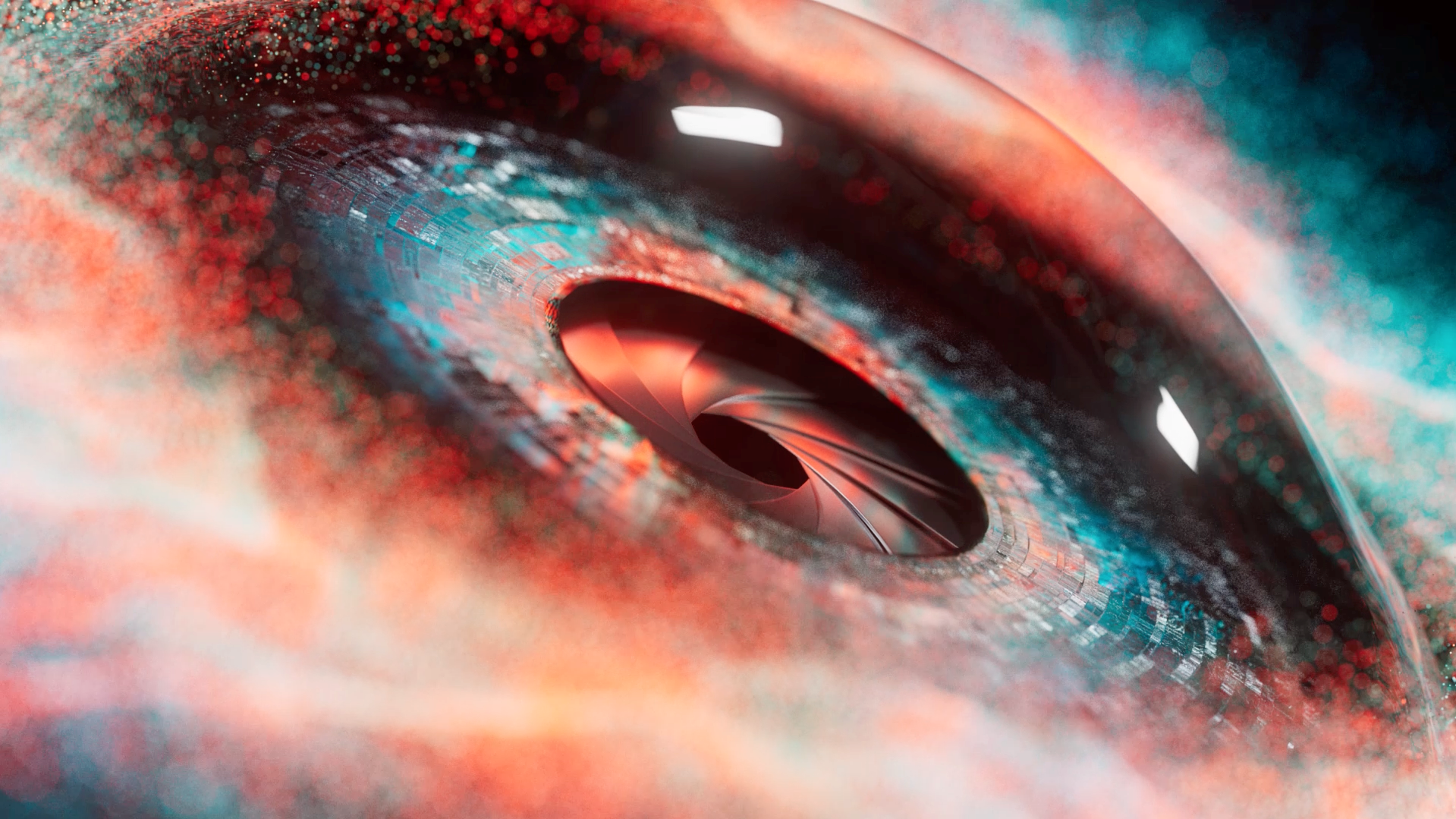 A still from a motion design animation that resembles a close-up of a red and blue mechanical eyeball. 