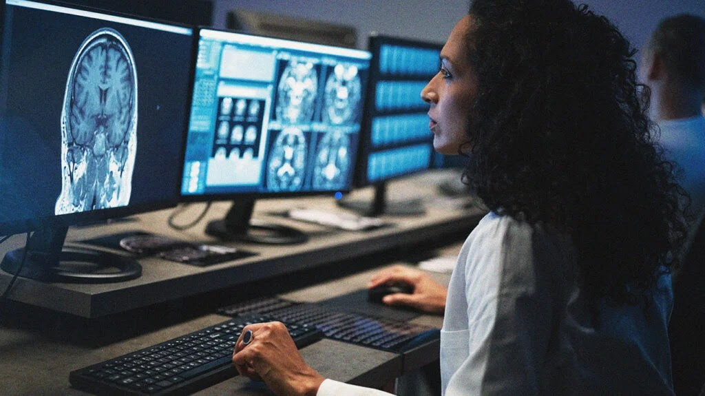 A radiologist analyzing an MRI image.