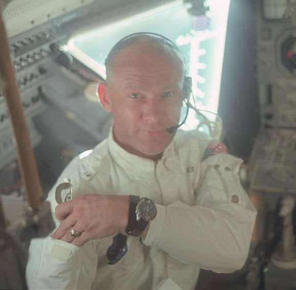 Buzz Aldrin wearing his Omega Speedmaster