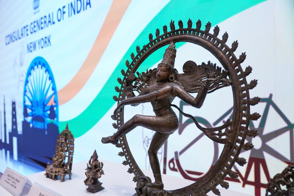 Some of the stolen objects being returned to India, including this bronze Shiva Nataraja valued at $4 million, are displayed during a ceremony at the Indian consulate in New York, Thursday, Oct. 28, 2021.