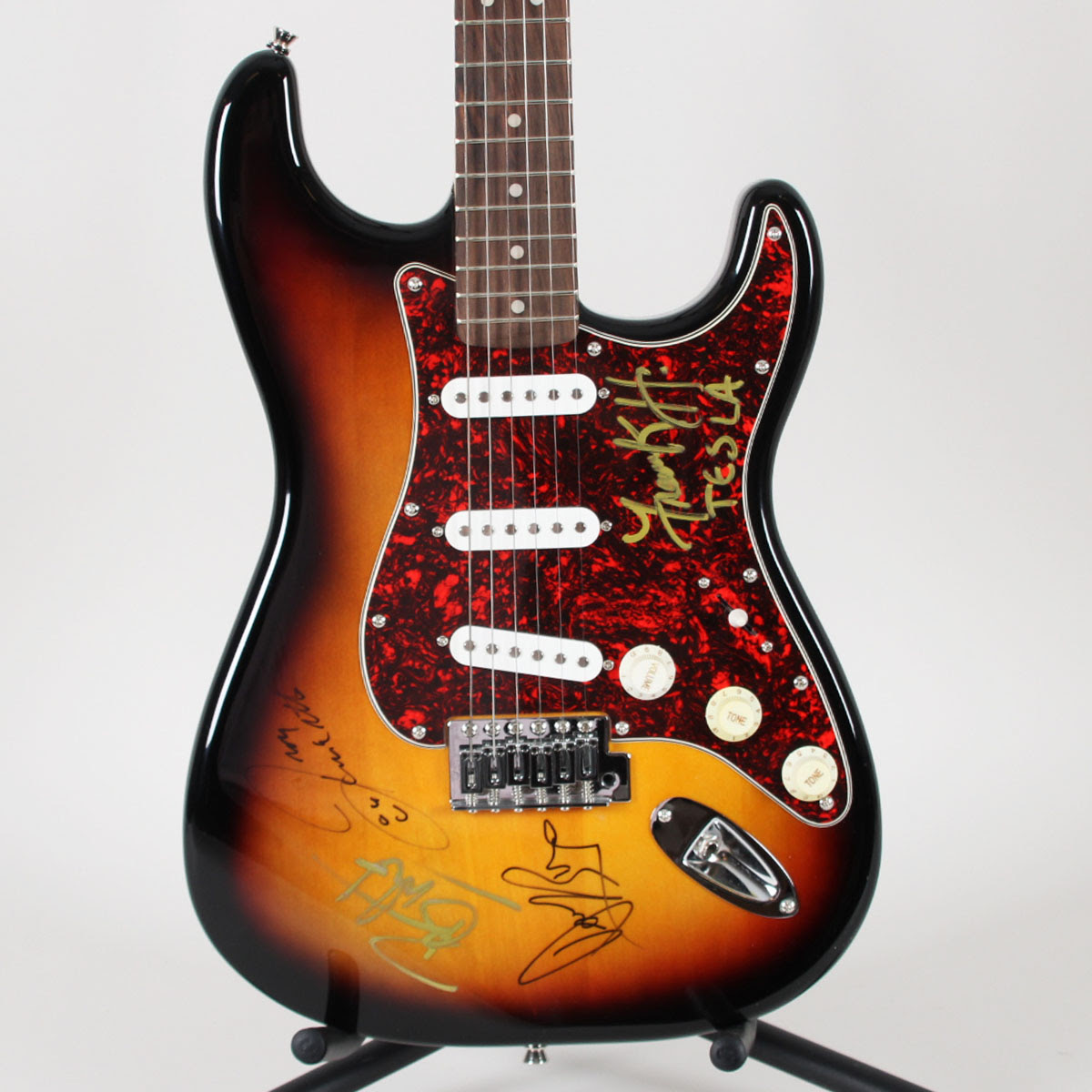 Tesla Band Signed Guitar Fender CXS Strat (4) Frank Hannon, Brian Wheat, etc. - COA JSA