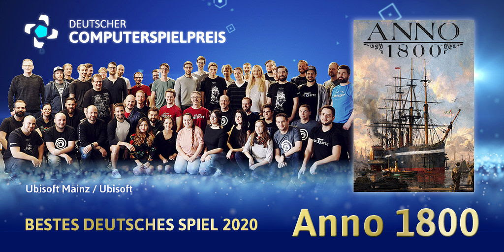 Das Team von Ubisoft Mainz freut sich über die Auszeichnungen "Bestes Deutsches Spiel" und "Bestes Game-Design" beim Deutschen Computerspielpreis 2020