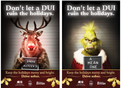AI-generated graphic of Rudolph the red-Nosed Reindeer getting a mugshot. On-graphic text reads "Drove blitzen’d." AI-generated graphic of The Grinch getting a mugshot. On-graphic text reads "A mean one."