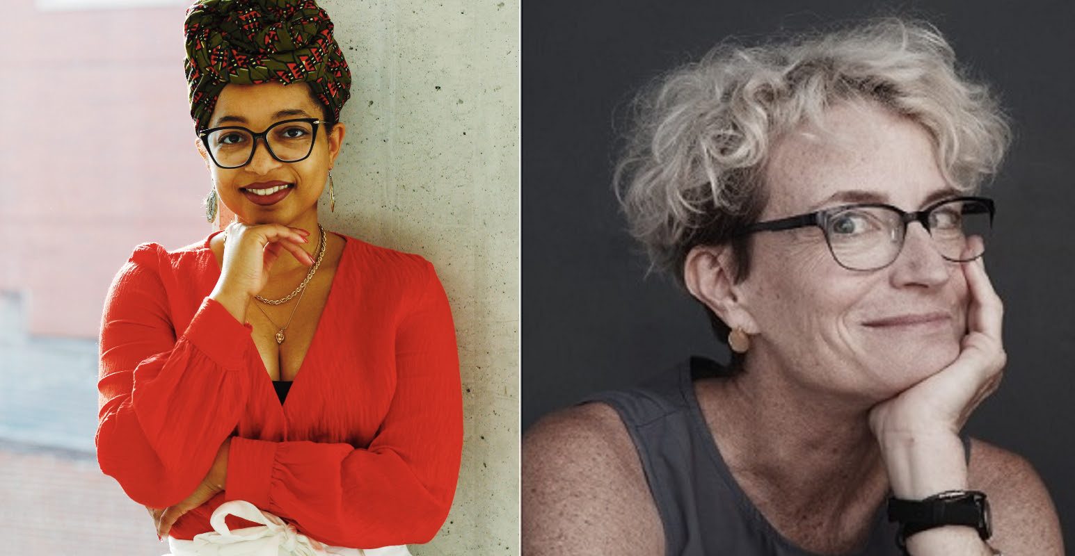 Photo of a dark-skinned woman with glasses, smiling, wearing red sweater, and head shot of a white woman with short blond hair glasses, hand on chin