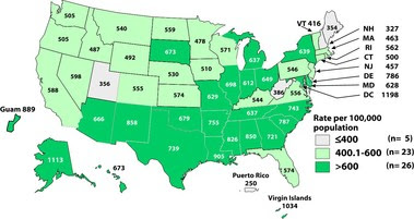 Chlamydia—Rates of Reported Cases Among Women by State, United States and Outlying Areas, 2013