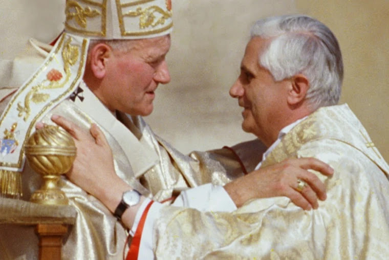 Pope John Paul II greets Cardinal Joseph Ratzinger during his inauguration October 22, 1978. Credit: Vatican Media