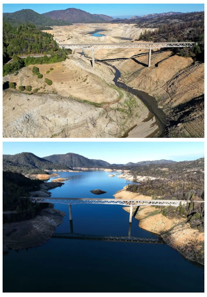 Enterprise Bridge over Lake Oroville in July 2021 (top) vs. February 2023 (bottom). 