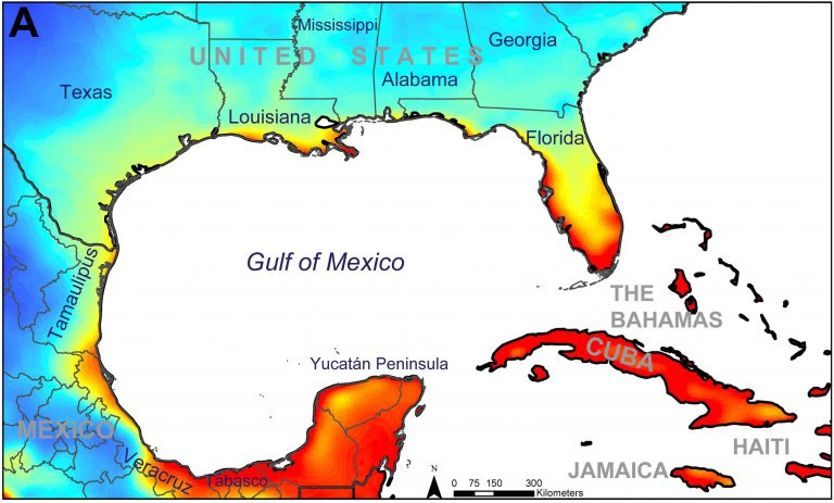 A heat map shows the coasts of Florida and the Caribbean are most at risk for Aedes scapularis spread